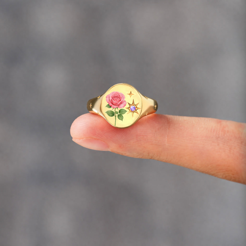 For Mother & Daughters Color Printed Birth Flower Ring