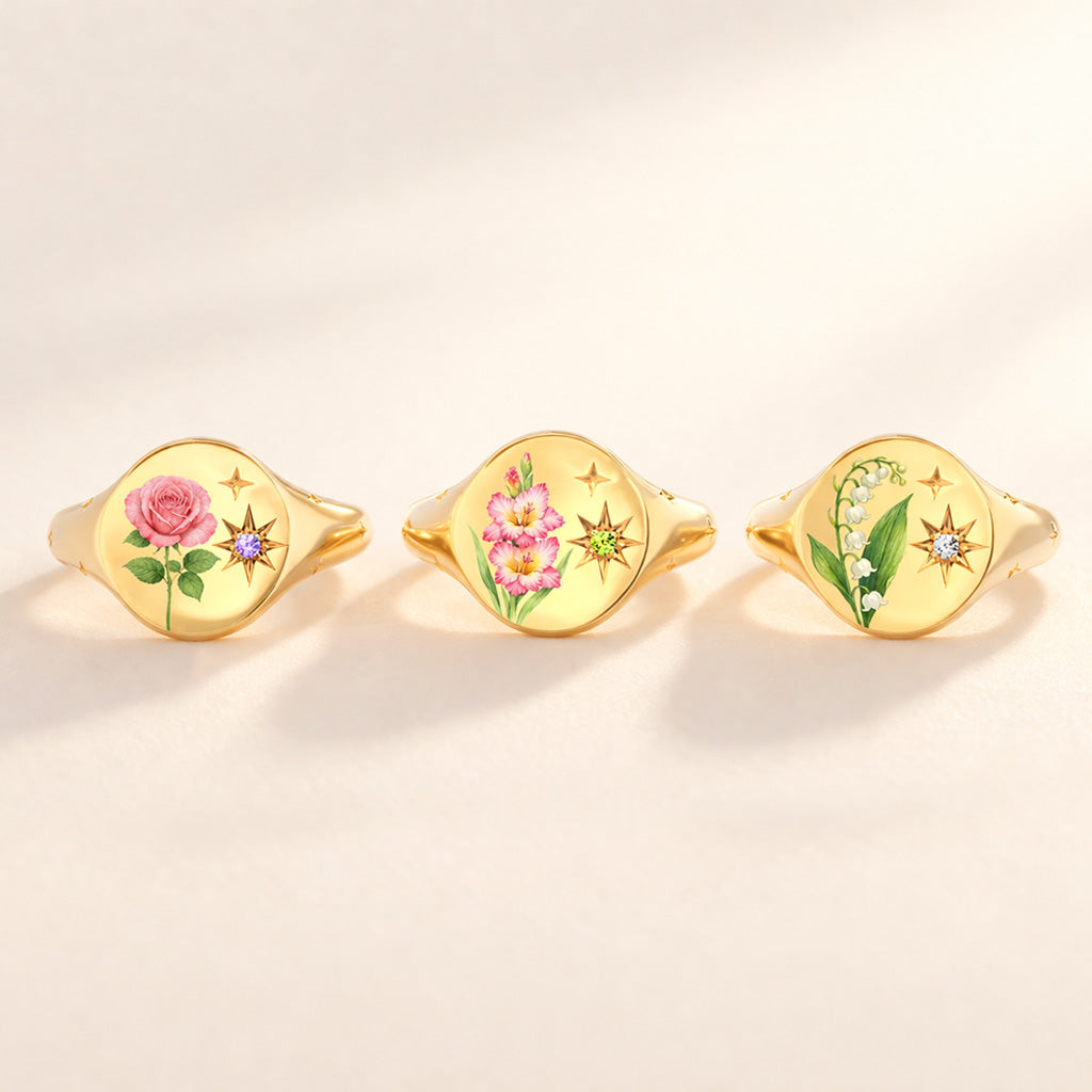 For Mother & Daughters Color Printed Birth Flower Ring