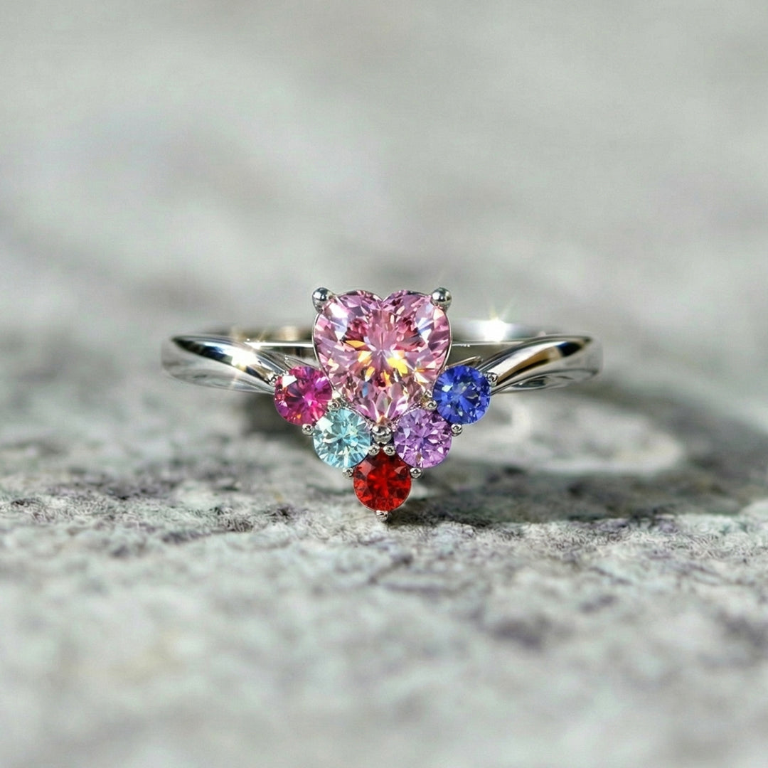 Personalized Mom Heart Ring with 1–6 Birthstones