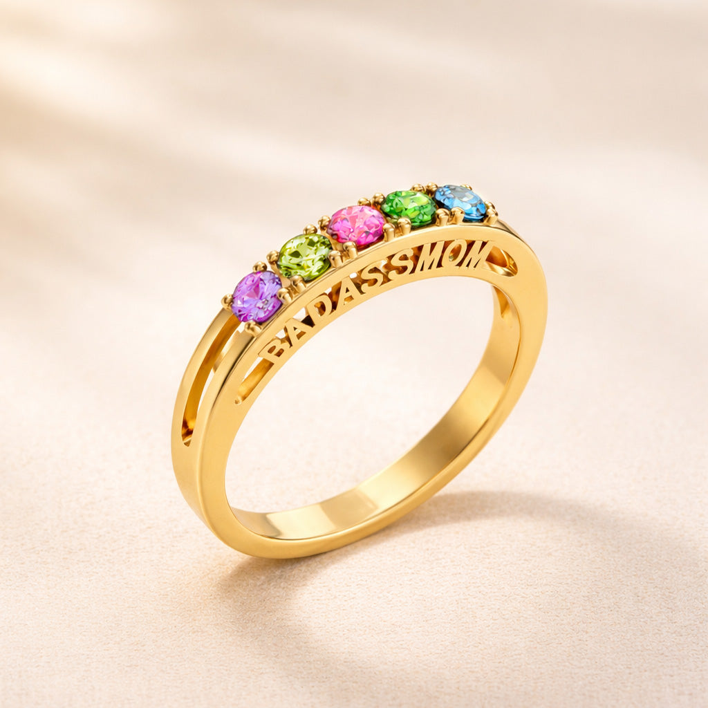 Badass Mom & Her Little Gang Three-Dimensional 1-6 Birthstone Ring