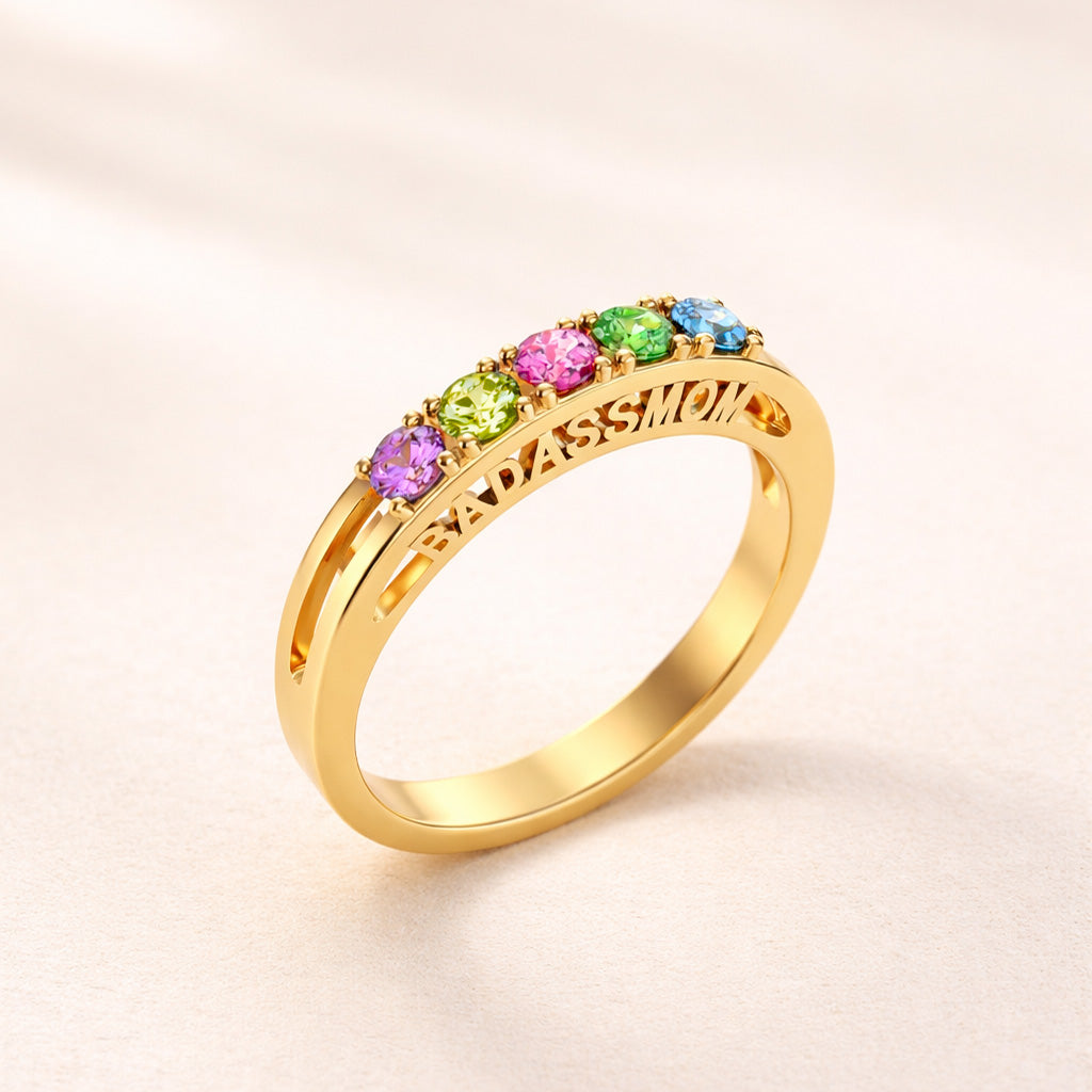 Badass Mom & Her Little Gang Three-Dimensional 1-6 Birthstone Ring