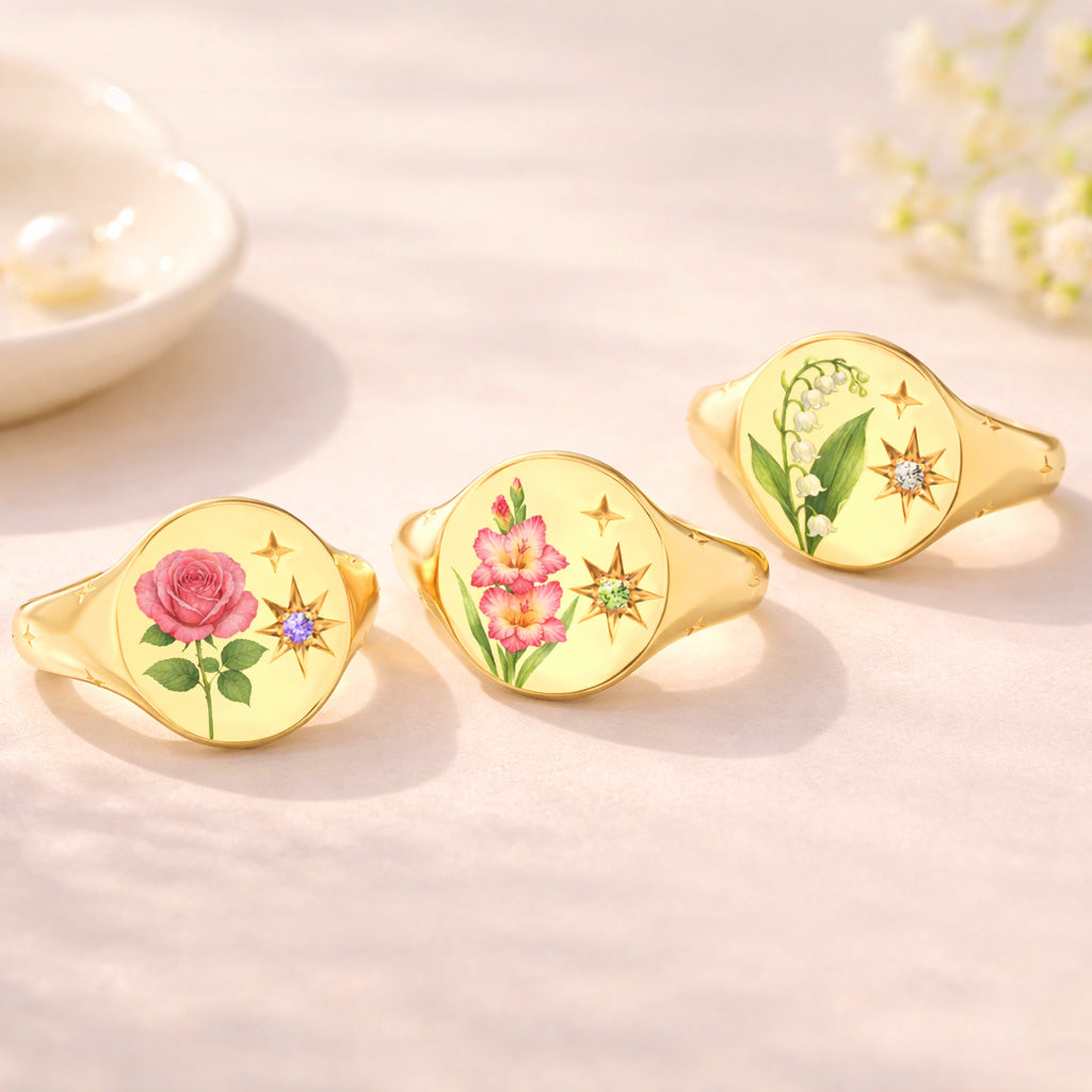 For Mother & Daughters Color Printed Birth Flower Ring