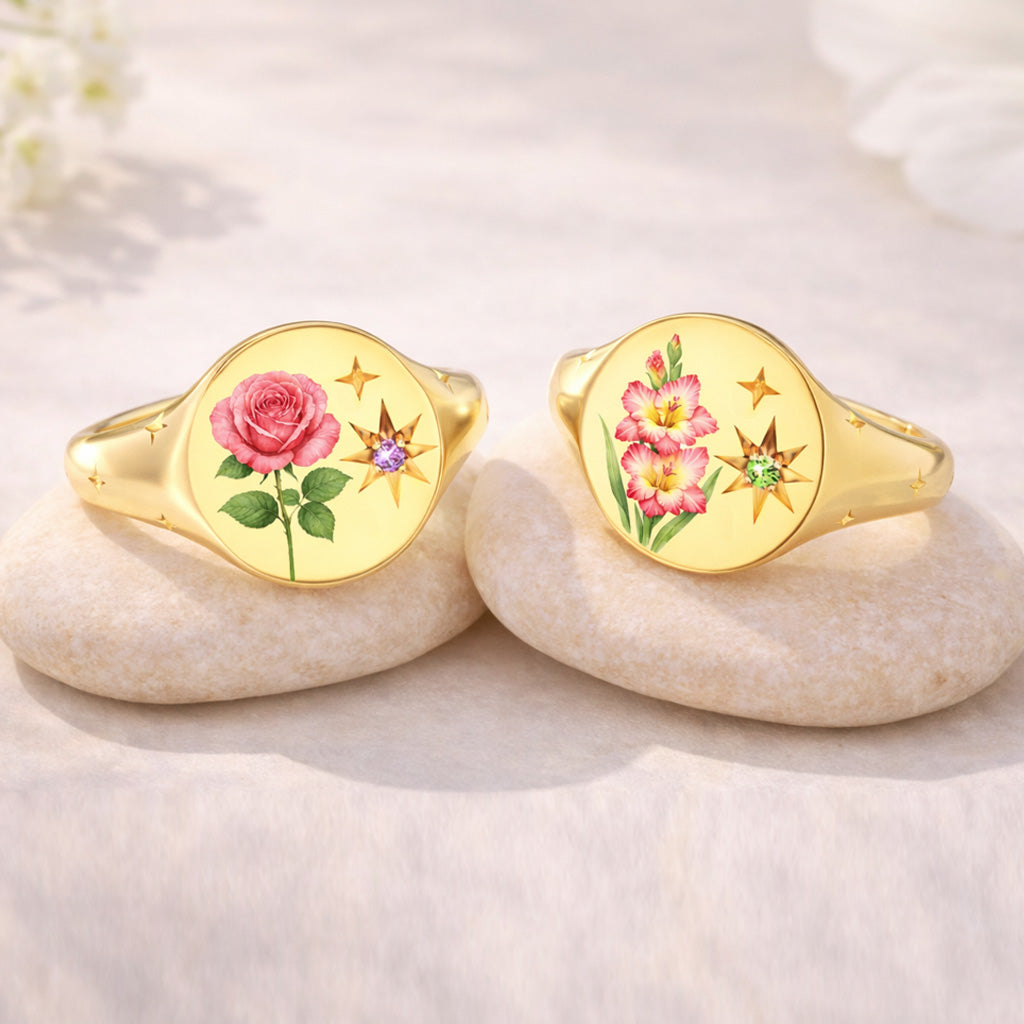 For Mother & Daughters Color Printed Birth Flower Ring
