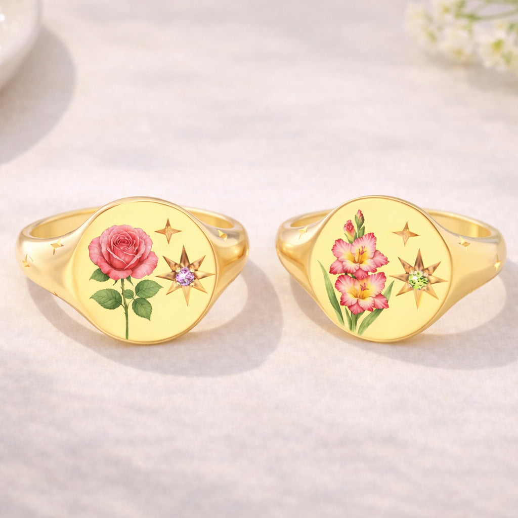 For Mother & Daughters Color Printed Birth Flower Ring
