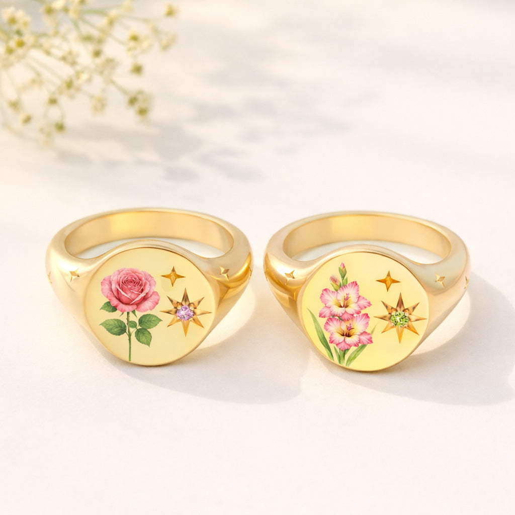 For Mother & Daughters Color Printed Birth Flower Ring