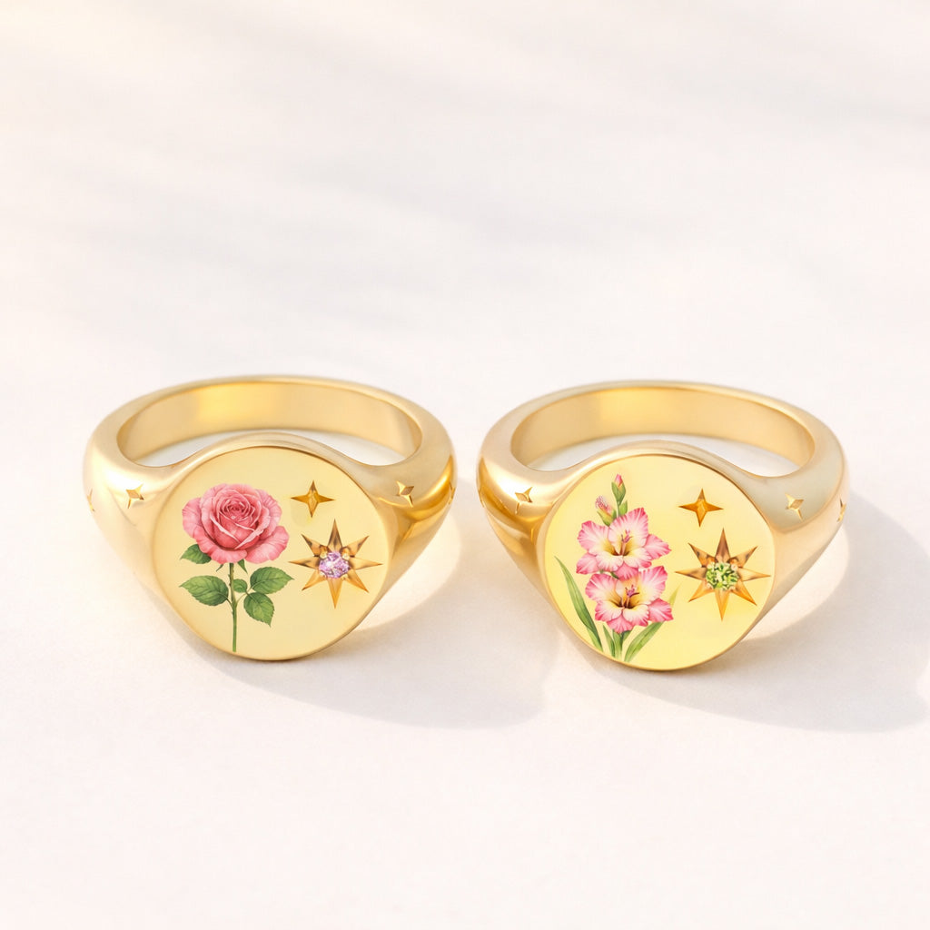 For Mother & Daughters Color Printed Birth Flower Ring