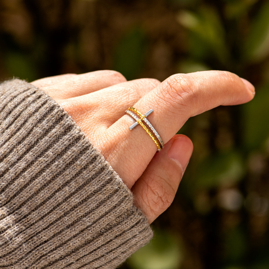 Two-Tone Sideways Cross Ring