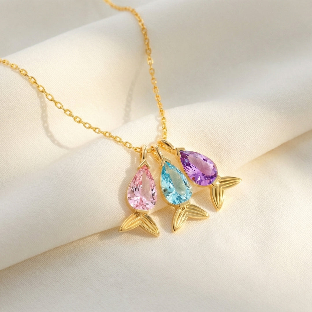 Swimming in Mama's Love Custom 1-5 Fish Birthstone Necklace