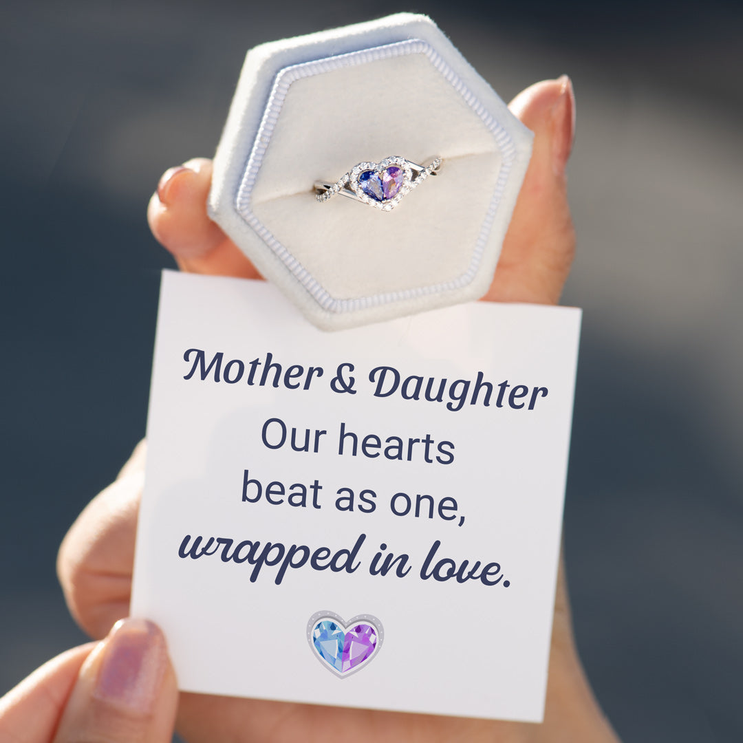 Mother and Daughter Dual Teardrop Birthstone Heart Ring